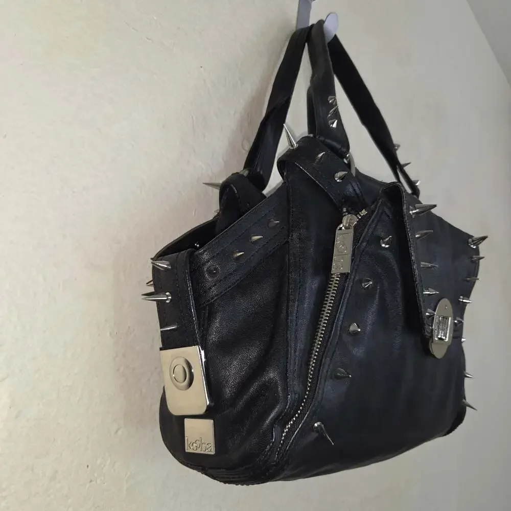 Custom Kooba Black Genuine Leather Shoulder Bag with Goth Studs/Spikes Rare